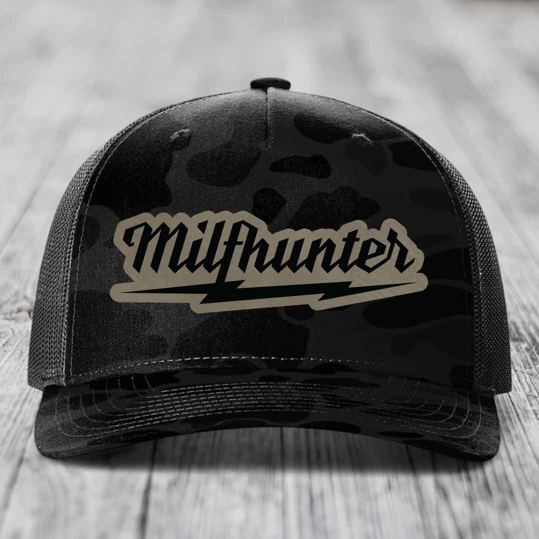 Milfhunter - Leather Patch Hat - Light Brown to Black Patch - Richardson 112PFP Snapback Trucker Hat
