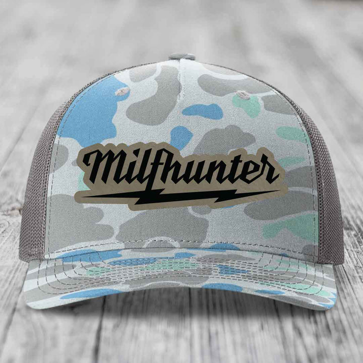 Milfhunter - Leather Patch Hat - Light Brown to Black Patch - Richardson 112PFP Snapback Trucker Hat