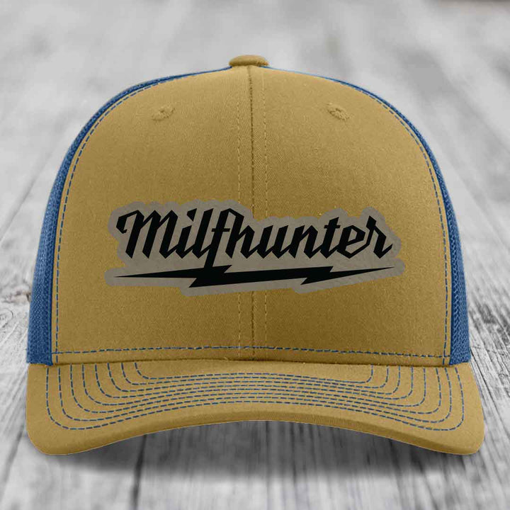 Milfhunter - Leather Patch Hat - Light Brown to Black Patch - Richardson 112 Snapback Trucker Hat