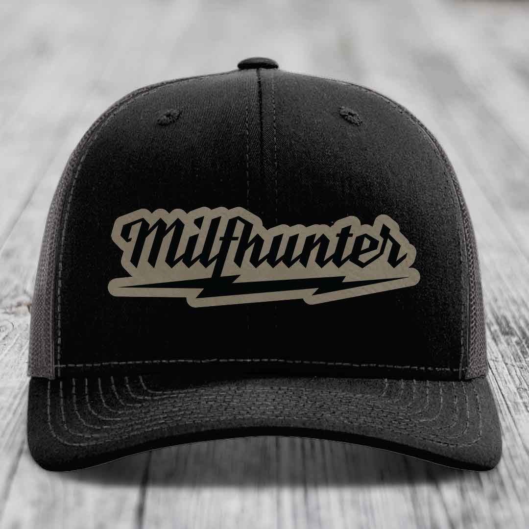 Milfhunter - Leather Patch Hat - Light Brown to Black Patch - Richardson 112 Snapback Trucker Hat