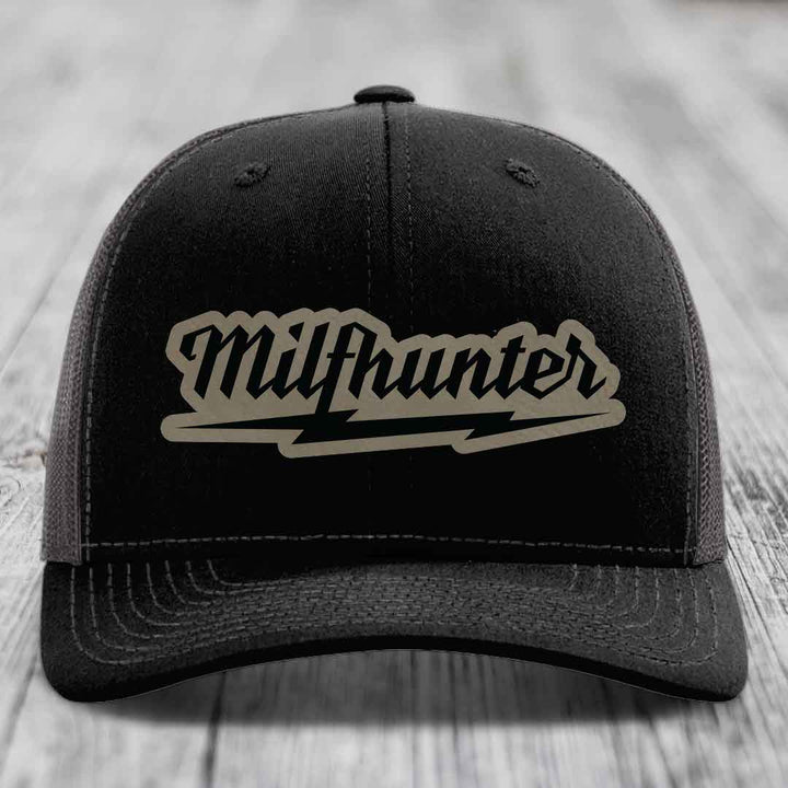 Milfhunter - Leather Patch Hat - Light Brown to Black Patch - Richardson 112 Snapback Trucker Hat