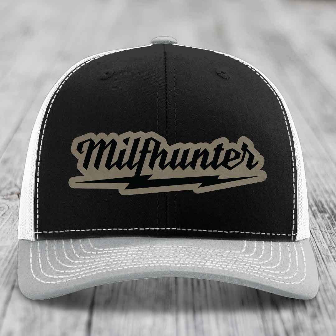 Milfhunter - Leather Patch Hat - Light Brown to Black Patch - Richardson 112 Snapback Trucker Hat