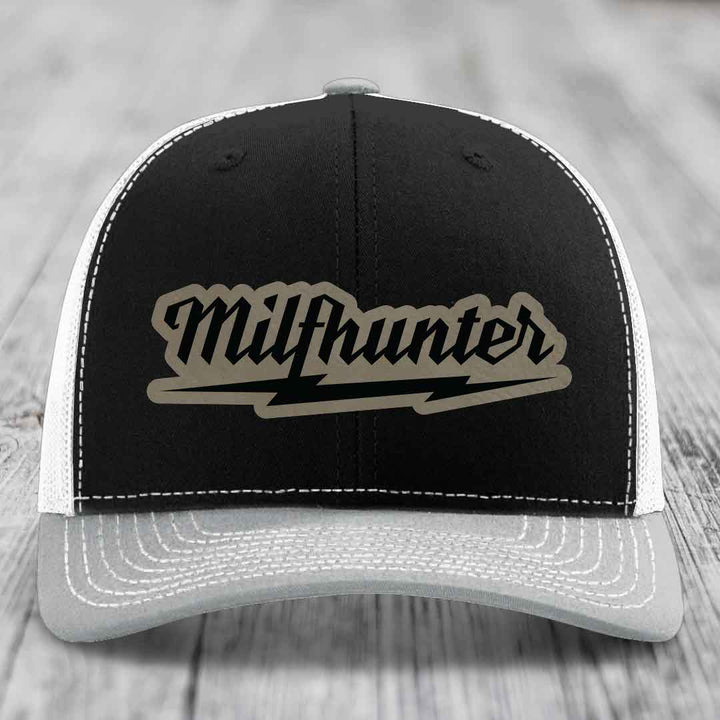 Milfhunter - Leather Patch Hat - Light Brown to Black Patch - Richardson 112 Snapback Trucker Hat