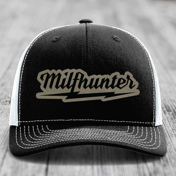 Milfhunter - Leather Patch Hat - Light Brown to Black Patch - Richardson 112 Snapback Trucker Hat