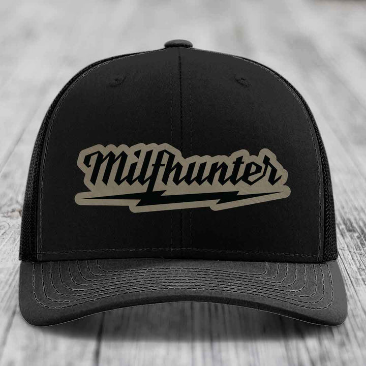 Milfhunter - Leather Patch Hat - Light Brown to Black Patch - Richardson 112 Snapback Trucker Hat