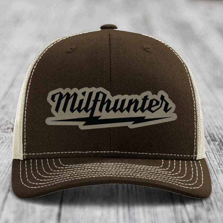Milfhunter - Leather Patch Hat - Light Brown to Black Patch - Richardson 112 Snapback Trucker Hat