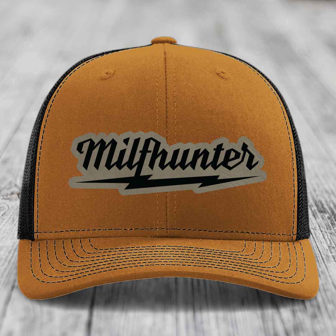 Milfhunter - Leather Patch Hat - Light Brown to Black Patch - Richardson 112 Snapback Trucker Hat