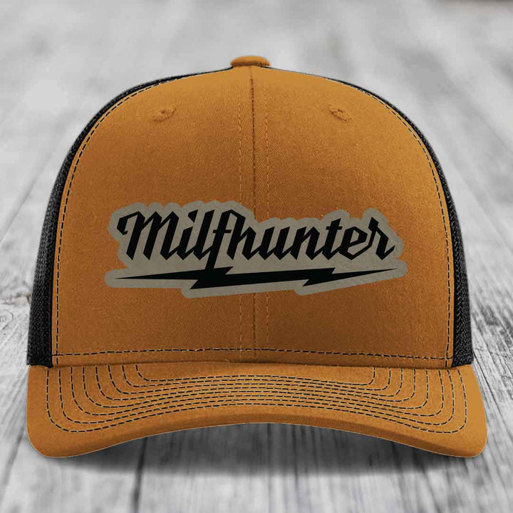 Milfhunter - Leather Patch Hat - Light Brown to Black Patch - Richardson 112 Snapback Trucker Hat