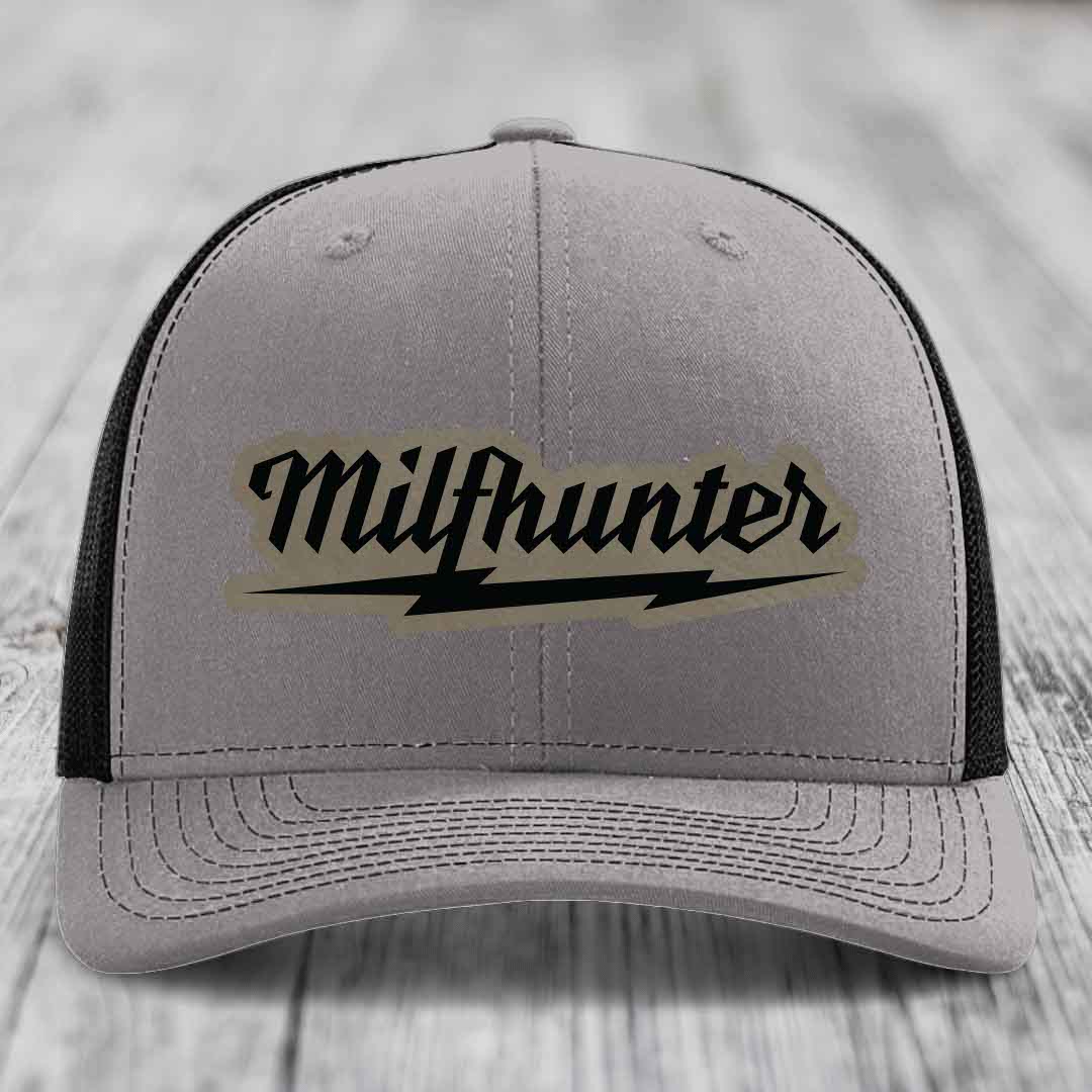 Milfhunter - Leather Patch Hat - Light Brown to Black Patch - Richardson 112 Snapback Trucker Hat