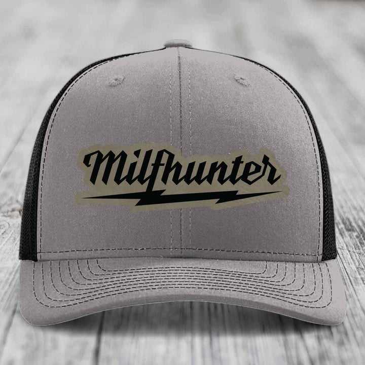 Milfhunter - Leather Patch Hat - Light Brown to Black Patch - Richardson 112 Snapback Trucker Hat