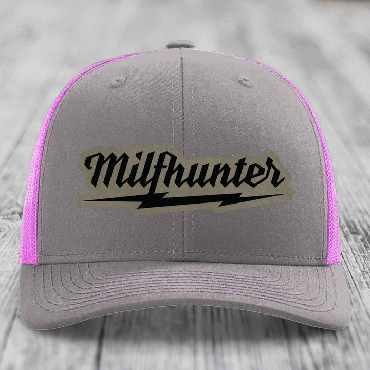 Milfhunter - Leather Patch Hat - Light Brown to Black Patch - Richardson 112 Snapback Trucker Hat