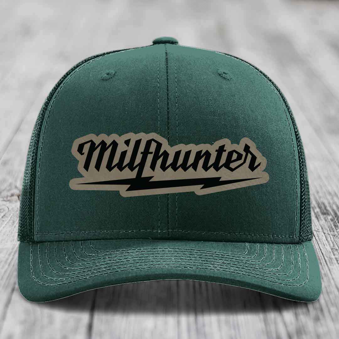 Milfhunter - Leather Patch Hat - Light Brown to Black Patch - Richardson 112 Snapback Trucker Hat