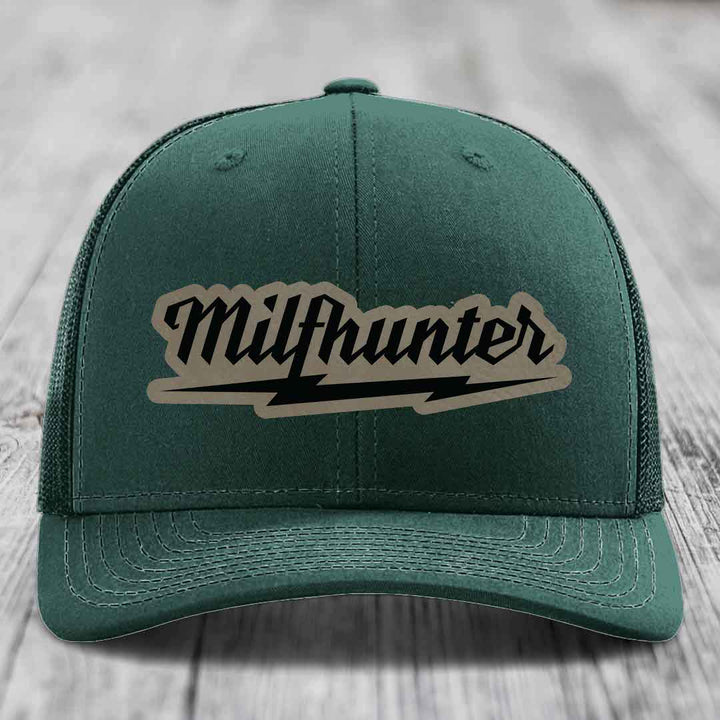Milfhunter - Leather Patch Hat - Light Brown to Black Patch - Richardson 112 Snapback Trucker Hat