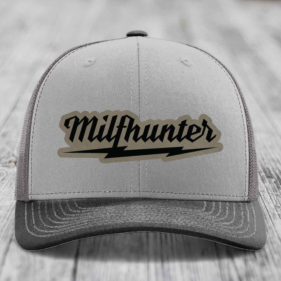 Milfhunter - Leather Patch Hat - Light Brown to Black Patch - Richardson 112 Snapback Trucker Hat