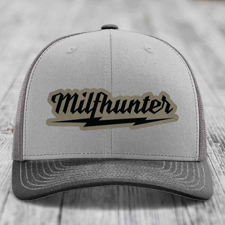Milfhunter - Leather Patch Hat - Light Brown to Black Patch - Richardson 112 Snapback Trucker Hat