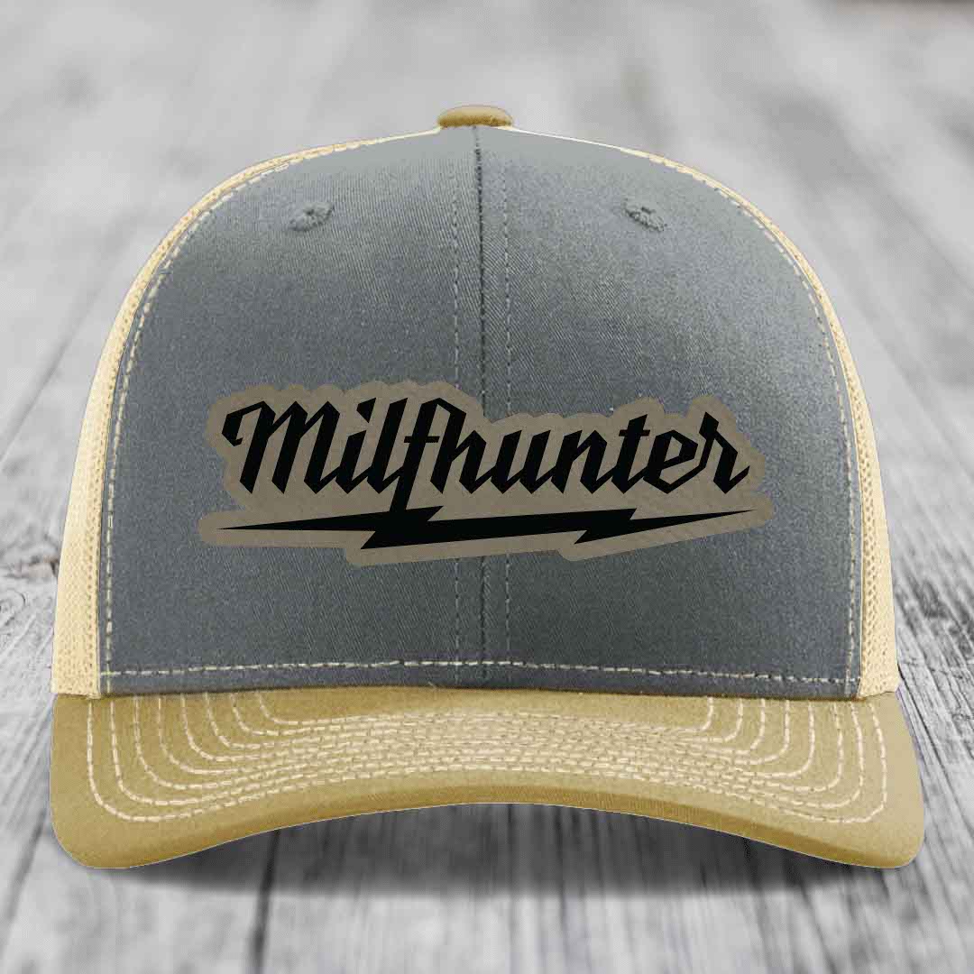 Milfhunter - Leather Patch Hat - Light Brown to Black Patch - Richardson 112 Snapback Trucker Hat