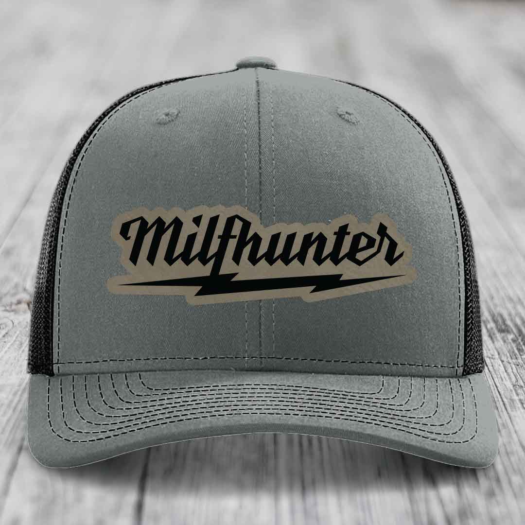 Milfhunter - Leather Patch Hat - Light Brown to Black Patch - Richardson 112 Snapback Trucker Hat