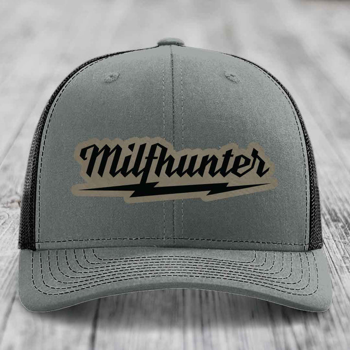 Milfhunter - Leather Patch Hat - Light Brown to Black Patch - Richardson 112 Snapback Trucker Hat