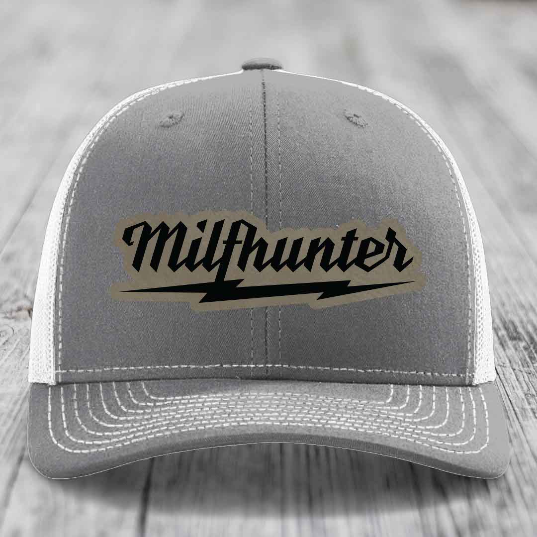 Milfhunter - Leather Patch Hat - Light Brown to Black Patch - Richardson 112 Snapback Trucker Hat