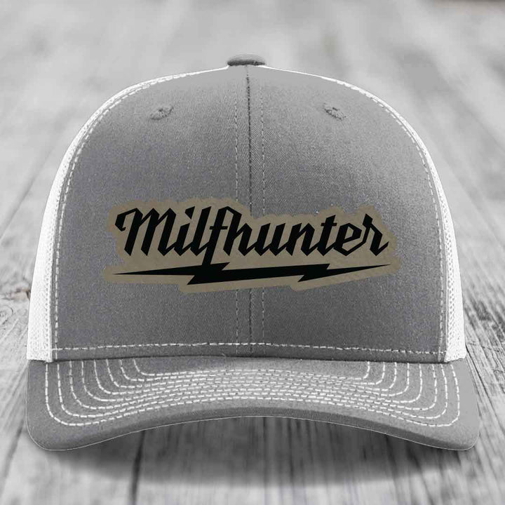 Milfhunter - Leather Patch Hat - Light Brown to Black Patch - Richardson 112 Snapback Trucker Hat