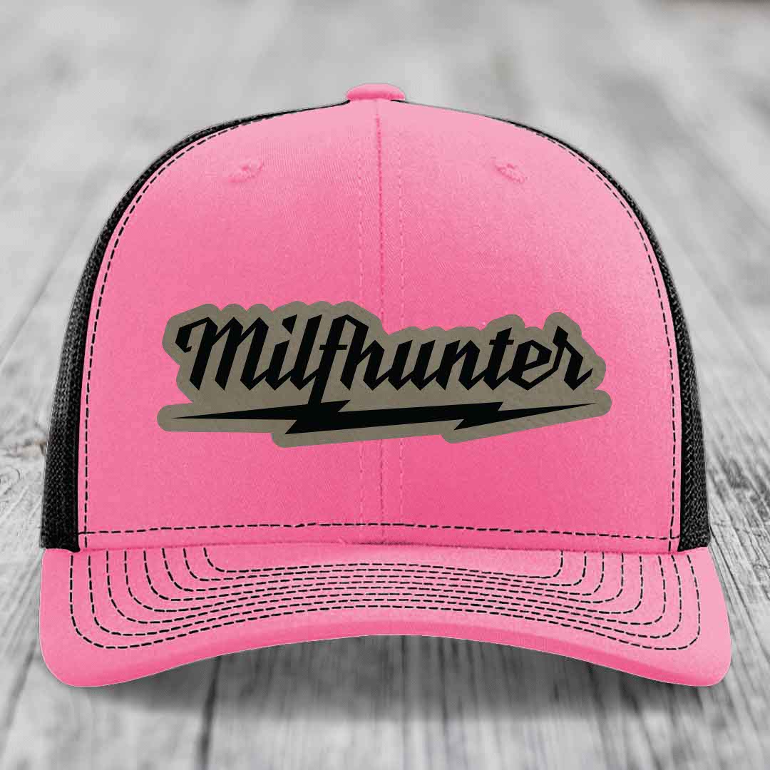 Milfhunter - Leather Patch Hat - Light Brown to Black Patch - Richardson 112 Snapback Trucker Hat