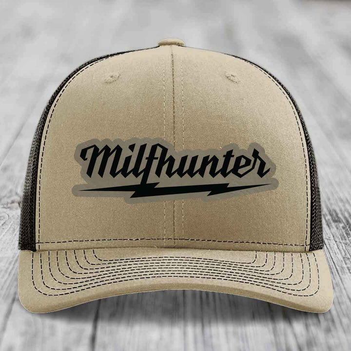 Milfhunter - Leather Patch Hat - Light Brown to Black Patch - Richardson 112 Snapback Trucker Hat
