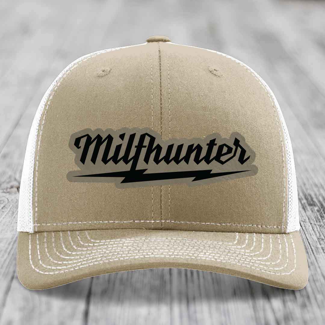 Milfhunter - Leather Patch Hat - Light Brown to Black Patch - Richardson 112 Snapback Trucker Hat