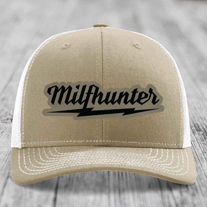 Milfhunter - Leather Patch Hat - Light Brown to Black Patch - Richardson 112 Snapback Trucker Hat