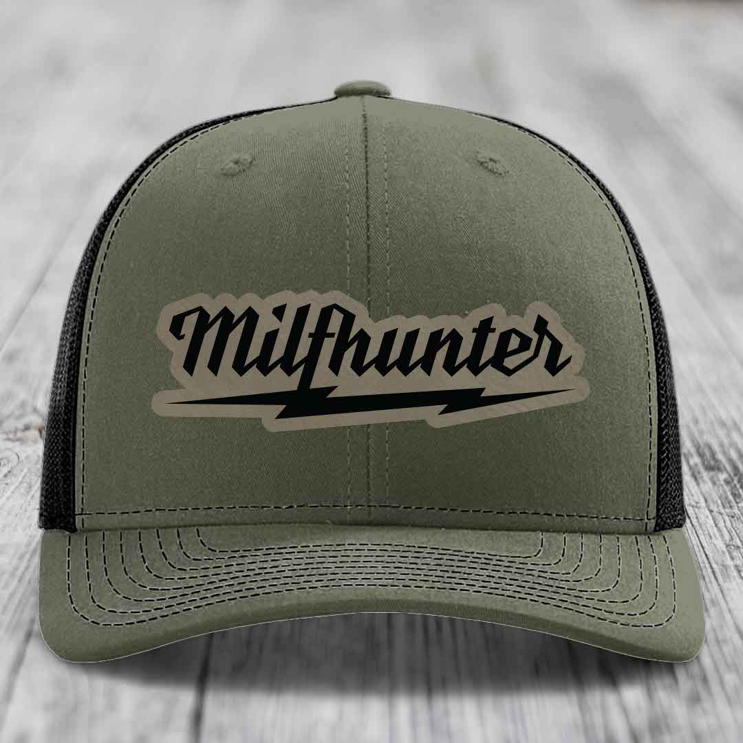 Milfhunter - Leather Patch Hat - Light Brown to Black Patch - Richardson 112 Snapback Trucker Hat