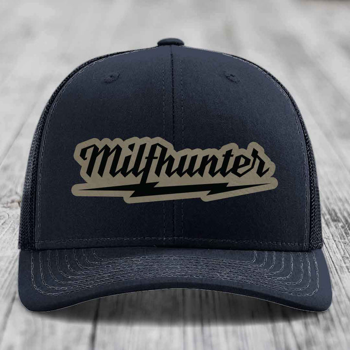 Milfhunter - Leather Patch Hat - Light Brown to Black Patch - Richardson 112 Snapback Trucker Hat