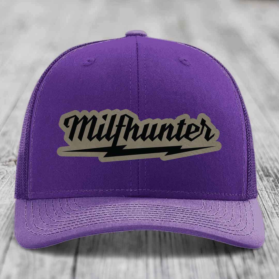 Milfhunter - Leather Patch Hat - Light Brown to Black Patch - Richardson 112 Snapback Trucker Hat