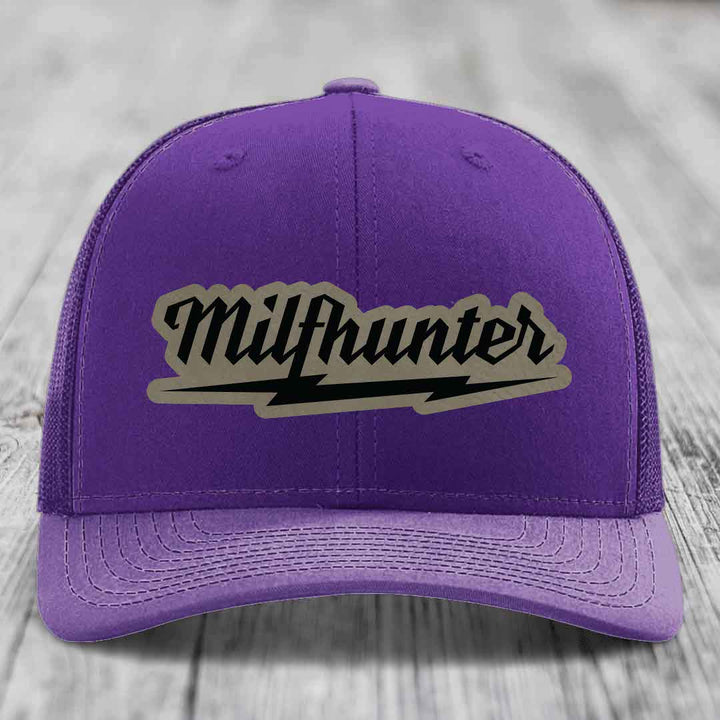 Milfhunter - Leather Patch Hat - Light Brown to Black Patch - Richardson 112 Snapback Trucker Hat