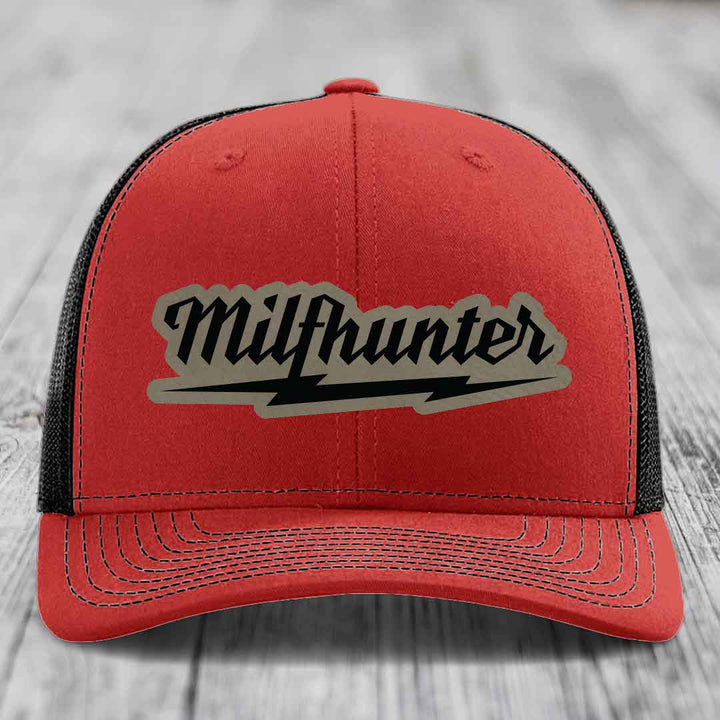 Milfhunter - Leather Patch Hat - Light Brown to Black Patch - Richardson 112 Snapback Trucker Hat