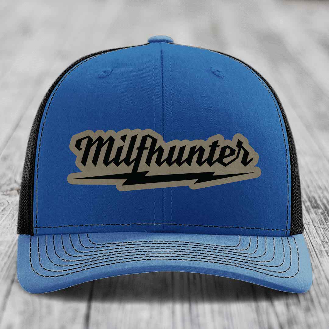 Milfhunter - Leather Patch Hat - Light Brown to Black Patch - Richardson 112 Snapback Trucker Hat