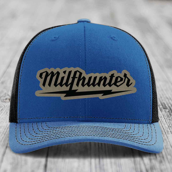 Milfhunter - Leather Patch Hat - Light Brown to Black Patch - Richardson 112 Snapback Trucker Hat