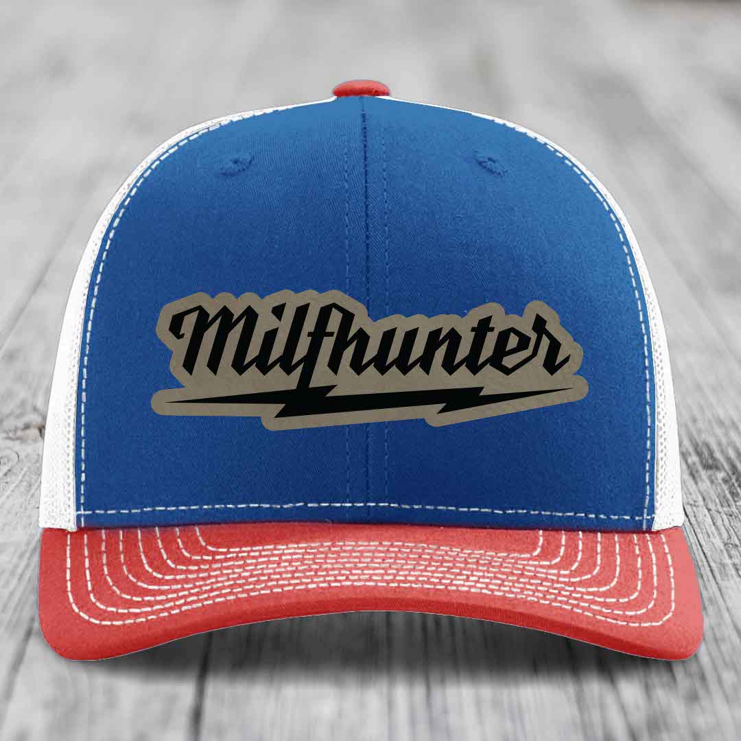 Milfhunter - Leather Patch Hat - Light Brown to Black Patch - Richardson 112 Snapback Trucker Hat