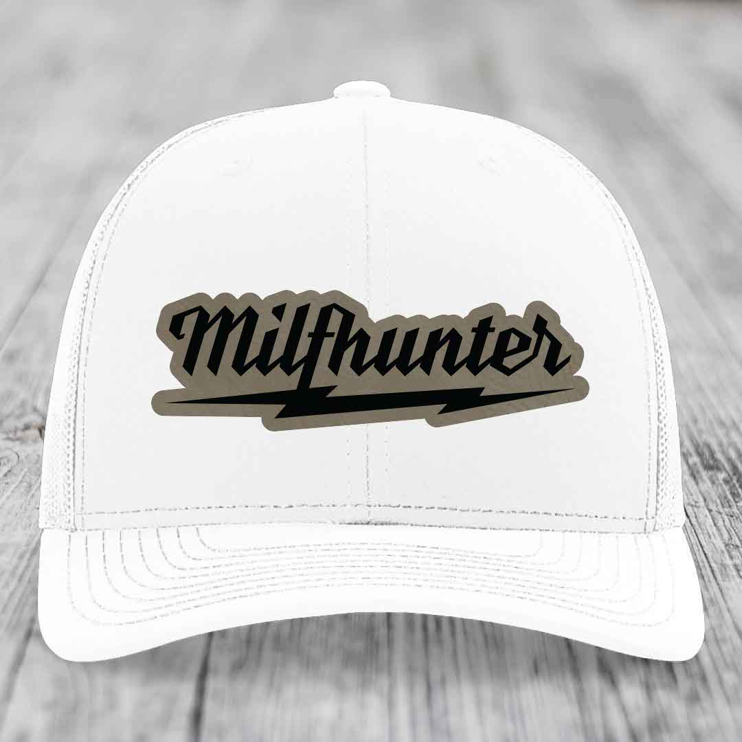 Milfhunter - Leather Patch Hat - Light Brown to Black Patch - Richardson 112 Snapback Trucker Hat