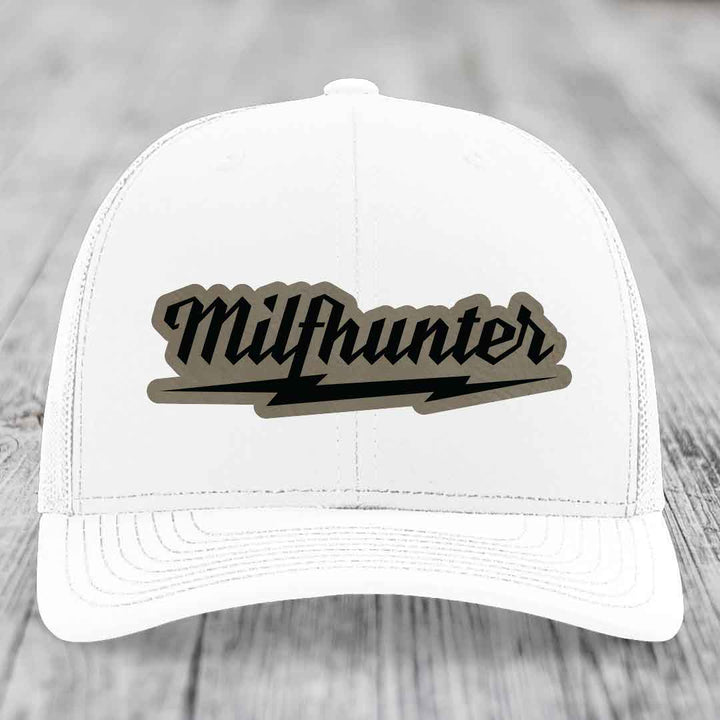 Milfhunter - Leather Patch Hat - Light Brown to Black Patch - Richardson 112 Snapback Trucker Hat