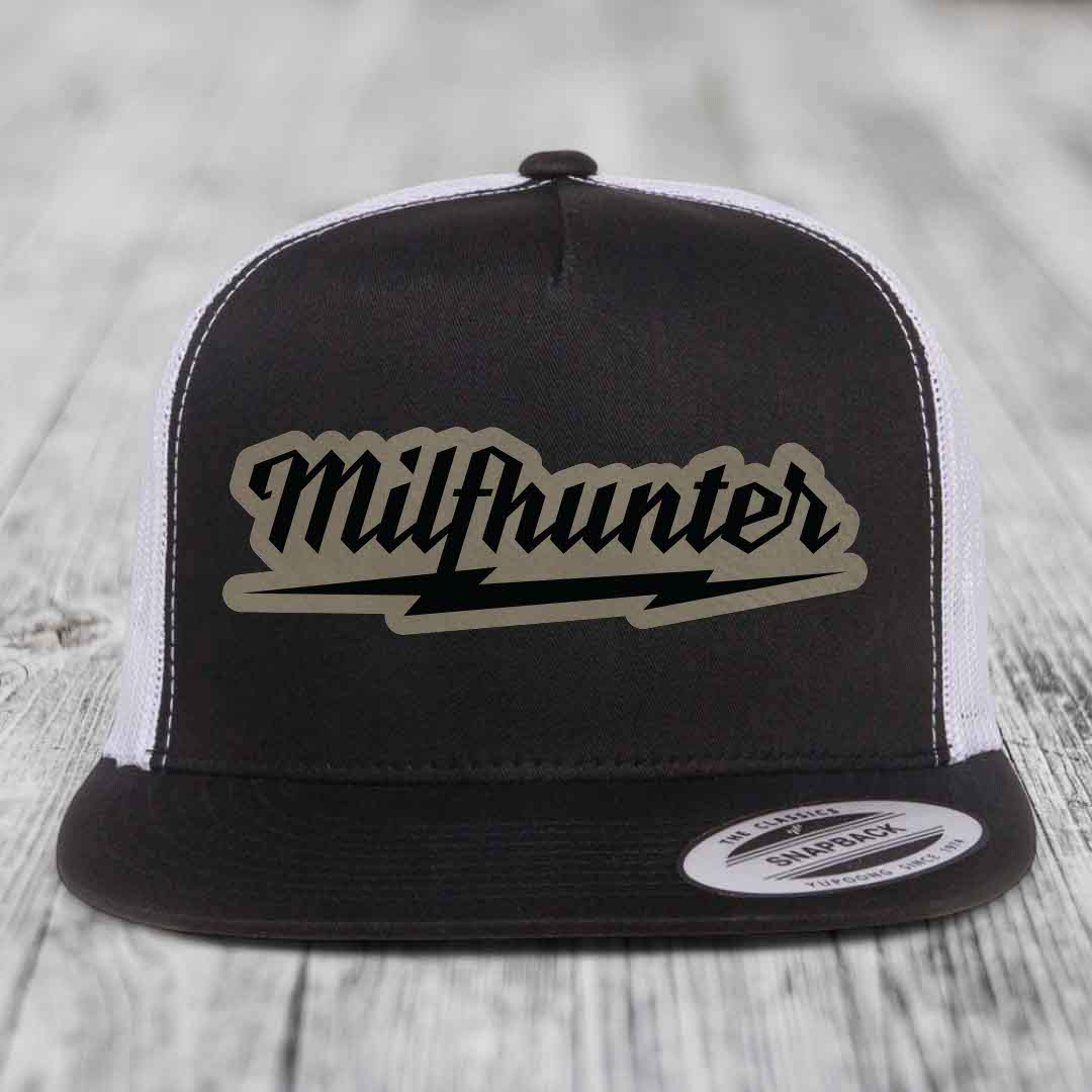 Milfhunter - Leather Patch Hat - Light Brown to Black Patch - Yupoong 6006 Snapback Flatbill Hat