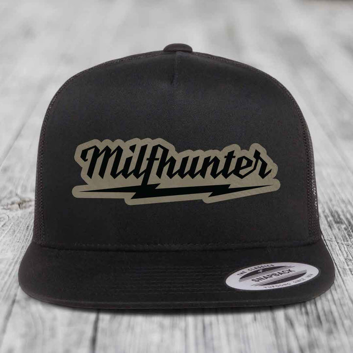 Milfhunter - Leather Patch Hat - Light Brown to Black Patch - Yupoong 6006 Snapback Flatbill Hat