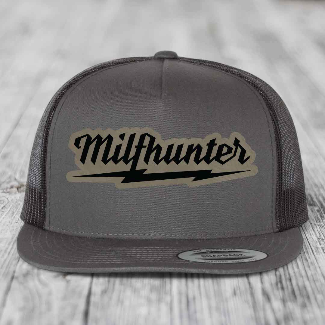 Milfhunter - Leather Patch Hat - Light Brown to Black Patch - Yupoong 6006 Snapback Flatbill Hat