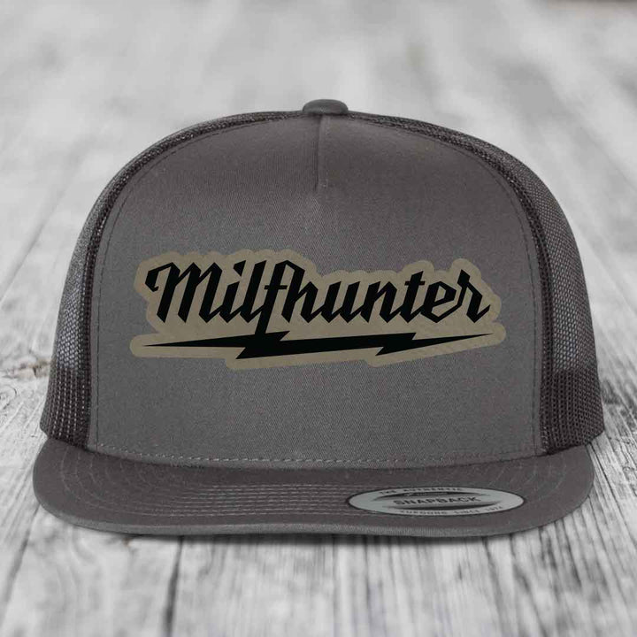 Milfhunter - Leather Patch Hat - Light Brown to Black Patch - Yupoong 6006 Snapback Flatbill Hat