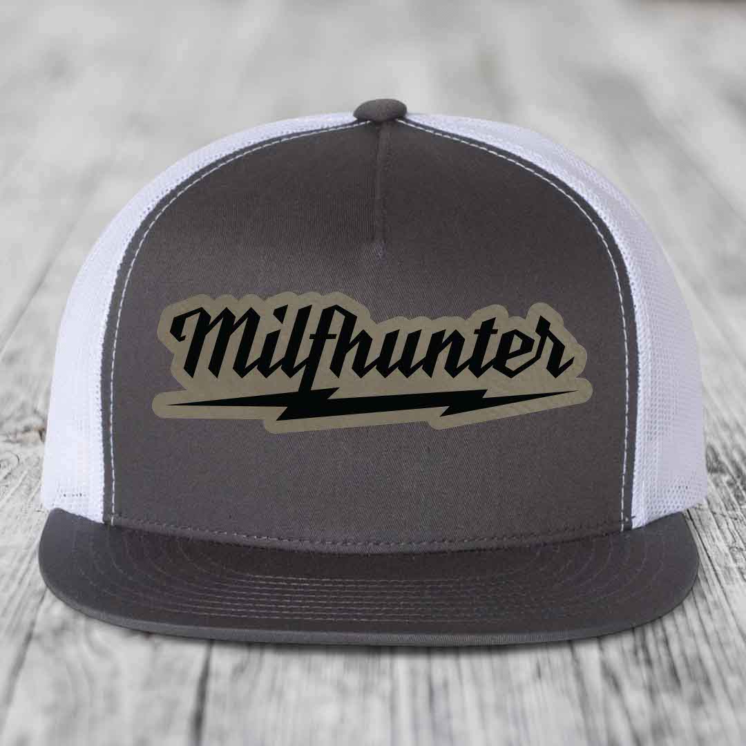 Milfhunter - Leather Patch Hat - Light Brown to Black Patch - Yupoong 6006 Snapback Flatbill Hat