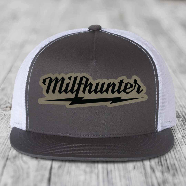 Milfhunter - Leather Patch Hat - Light Brown to Black Patch - Yupoong 6006 Snapback Flatbill Hat