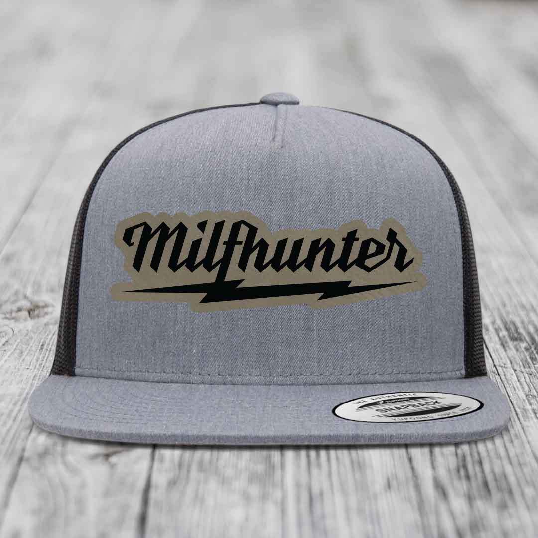 Milfhunter - Leather Patch Hat - Light Brown to Black Patch - Yupoong 6006 Snapback Flatbill Hat