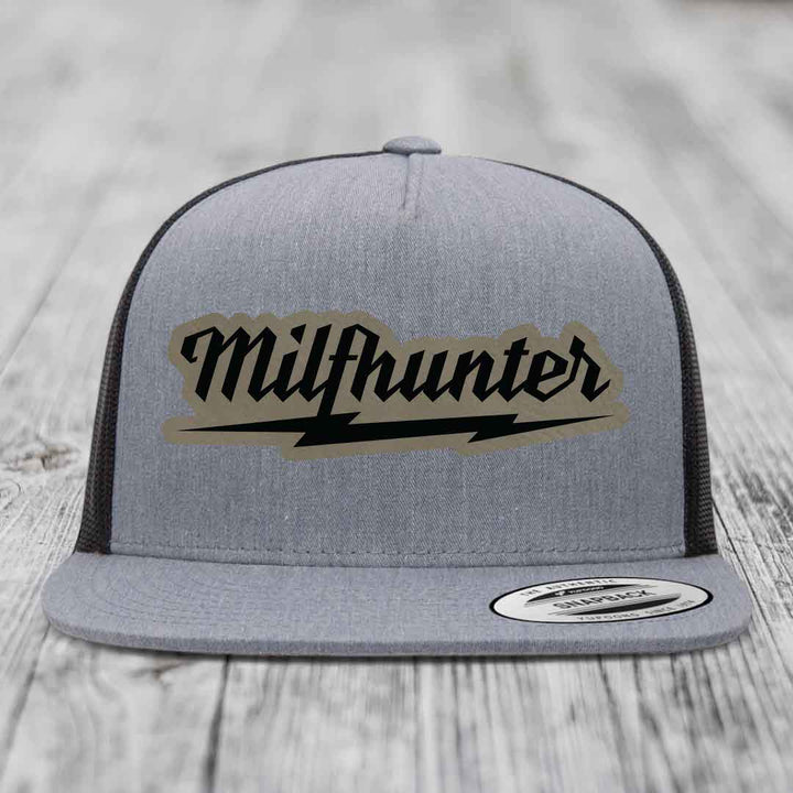 Milfhunter - Leather Patch Hat - Light Brown to Black Patch - Yupoong 6006 Snapback Flatbill Hat