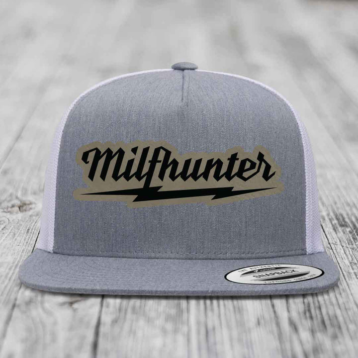 Milfhunter - Leather Patch Hat - Light Brown to Black Patch - Yupoong 6006 Snapback Flatbill Hat