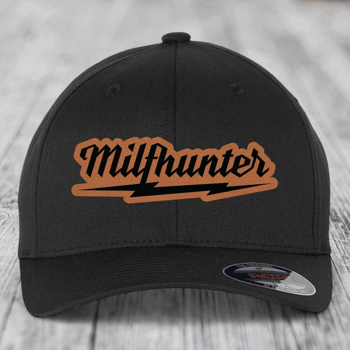 Milfhunter - Leather Patch Hat - Rawhide to Black Patch - Flexfit 6277 Fitted Hat