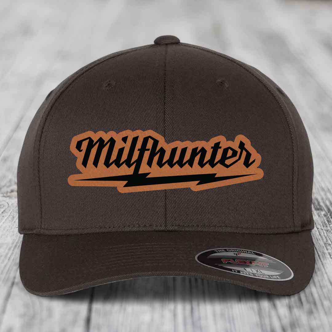 Milfhunter - Leather Patch Hat - Rawhide to Black Patch - Flexfit 6277 Fitted Hat