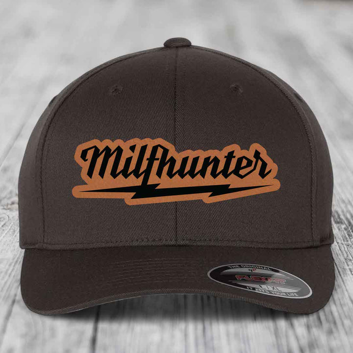 Milfhunter - Leather Patch Hat - Rawhide to Black Patch - Flexfit 6277 Fitted Hat